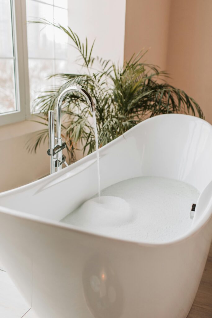 Elegant bathroom with a sleek bathtub and indoor plant, creating a serene spa-like atmosphere.